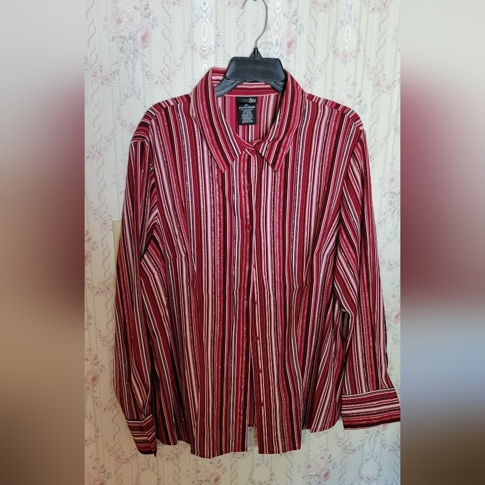 East 5th Red Striped Button Up Blouse Long Sleeve Metallic 2X
